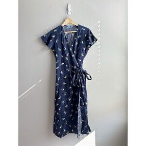 Draper James 100% Linen Blue Yellow Midi Wrap Tulip Floral Print Dress Size 10